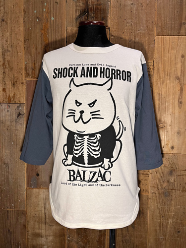 画像1: BALZAC × DEMENTIA THIRTEEN 骨T猫 3/4スリーブ ベースボール Tシャツ (ナチュラル/デニム) (1)